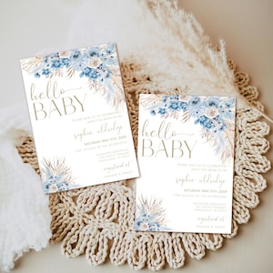 Blue Boho Floral Baby Shower Invitation, Baby Boy, Printable DIY Shower Invite, Hello Baby, Dusty Blue Boho Invitation Template- BO BLU- 1