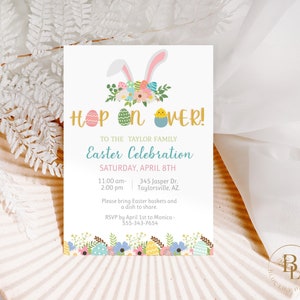 Easter Egg Hunt Invite, Easter Invitation, Hop on Over, Cute Easter Egg Hunt Invitation, Editable Digital Template, Printable- BUN EARS- 01
