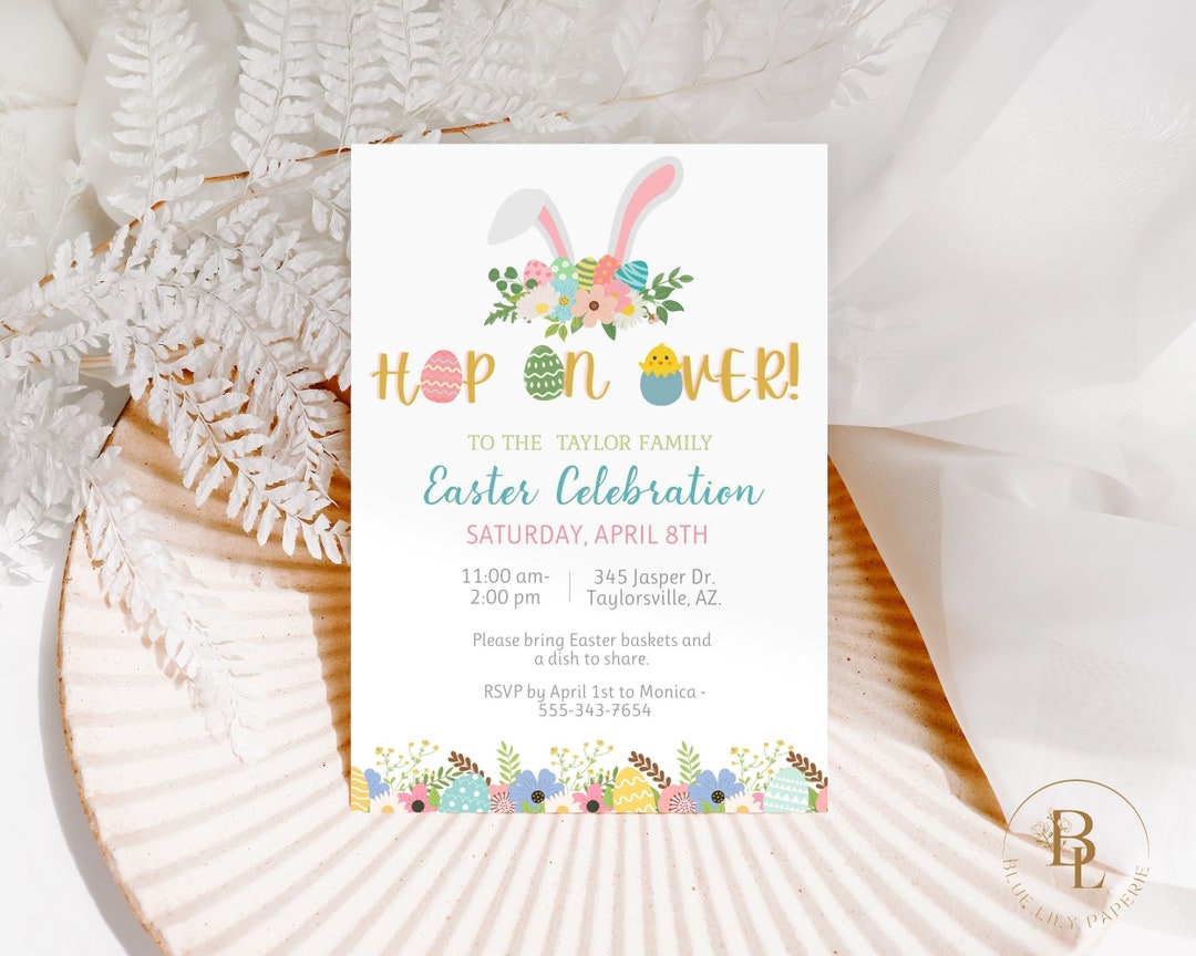Easter Egg Hunt Invite, Easter Invitation, Hop on Over, Cute Easter Egg ...