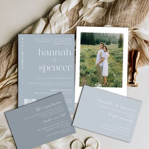 LDS Dusty Blue Wedding Invitation, Minimalist Slate Blue Wedding Invitation, Sky Blue Temple Wedding Invitation, QR Code Invitation- Hannah