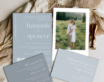 LDS Dusty Blue Wedding Invitation, Minimalist Slate Blue Wedding Invitation, Sky Blue Temple Wedding Invitation, QR Code Invitation- Hannah