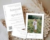 LDS Minimal Wedding Invitation, Modern Wedding Invitation w/ QR code, Temple Wedding Invitation Template, Black & White - Hannah-BW