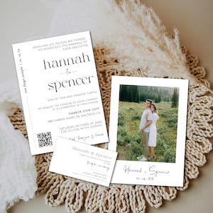 LDS Minimal Wedding Invitation, Modern Wedding Invitation w/ QR code, Temple Wedding Invitation Template, Black & White - Hannah-BW