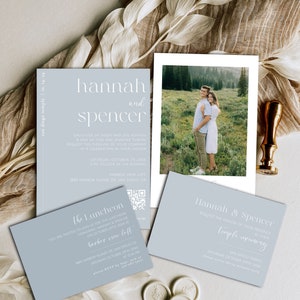 LDS Dusty Blue Wedding Invitation, Minimalists Slate Blue Wedding Invitation, Sky Blue Temple Wedding Invitation, QR Code Invitation- Hannah