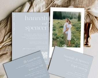 LDS Dusty Blue Wedding Invitation, Minimalists Slate Blue Wedding Invitation, Sky Blue Temple Wedding Invitation, QR Code Invitation- Hannah