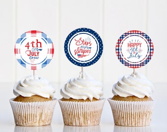 Fourth of July Cupcake Topper Template |  Independence Day | Cupcake Toppers | Favor Stickers | 2" Round | Red White & Blue BBQ