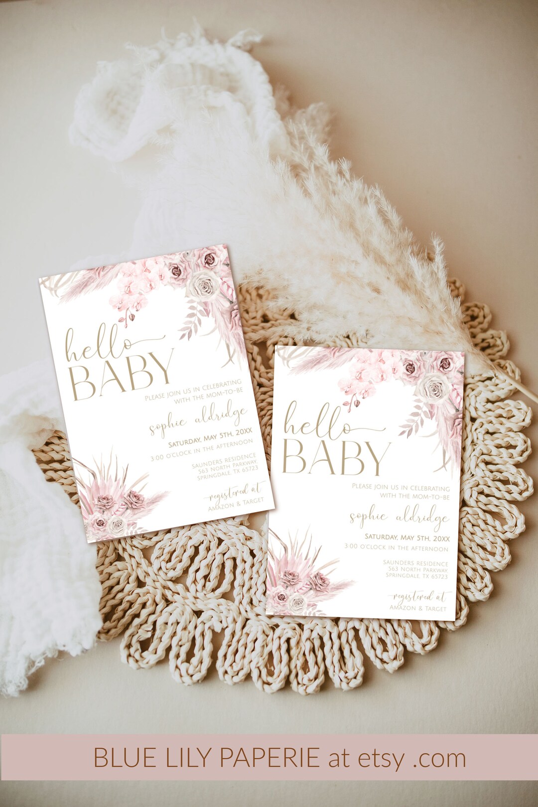 Pink Boho Floral Baby Shower Invitation, Girl Baby Shower Invite, Boho