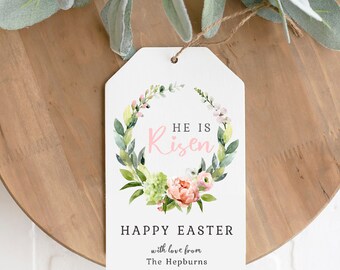 He is Risen Easter Tag, Editable Easter Treat Tag Template, Pink Peony Floral, Editable Easter Gift Tag Template, Easter Tag- He is Risen