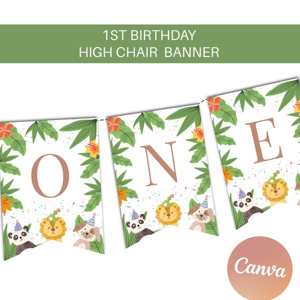 Wild One 1st Birthday High Chair Banner, 1st Birthday Banner, High Chair Banner, Safari, Jungle, Cute Animal, "ONE" Banner- Wild One