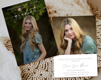 May include: Graduation party invitation with a photo of a young woman with long blonde hair. The invitation is white with black text and says "Please join us for a graduation party honoring Jamie Lynn Mason. The Mason Residence, 234 Blue Avenue, Millville, OR. Kindly RSVP to 555. 555. 1122."