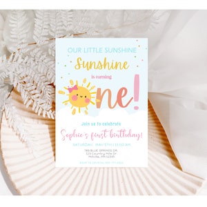 Sunshine Birthday Invitation | Cute Sunshine Rainbow Birthday Invite | Our Little Sunshine | Girl | First Birthday, Editable Template| SUN-2
