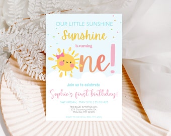 Sunshine Birthday Invitation | Cute Sunshine Rainbow Birthday Invite | Our Little Sunshine | Girl | First Birthday, Editable Template| SUN-2