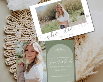 Graduation Announcement Template, Boho Graduation Announcement, High School Graduation Announcement, 2024 - High School- Sadie Arch- Sage