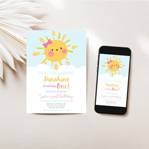 Sunshine Birthday Invitation | Cute Sunshine Rainbow Birthday Invite | Our Little Sunshine | Girl | First Birthday, Editable Template| SUN-0