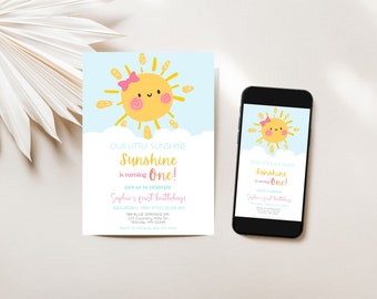 May include: A birthday invitation and a smartphone displaying the same design. The invitation features a cartoon sun with a pink bow, set against a light blue sky with clouds. Text reads "Our Little Sunshine is turning One!"