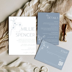 White & Blue Wedding Invitation Suite, Dusty Blue Wedding Invitation Template, Fine Art Floral Wedding Invitation, QR Code RSVP- Millie Blue