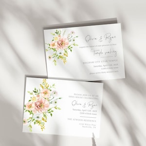 LDS Minimal Floral Wedding Invitation Insert Cards, Modern White and Pink Peony Wedding, Temple Sealing, Open house, Luncheon Corjl- Olivia