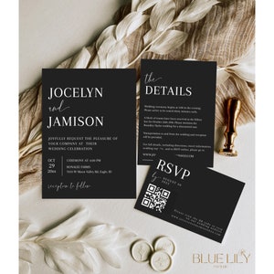 Minimal Wedding Invitation Template, Black Modern Wedding Invite, Minimalist Invite, Instant Download, Black and White- Jocelyn in Black