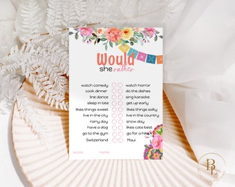 Fiesta Bridal Shower Game, Would She Rather, Editable Bridal Shower Game Sign, Fiesta Bridal Shower Game, Bridal Shower Sign- Fiesta