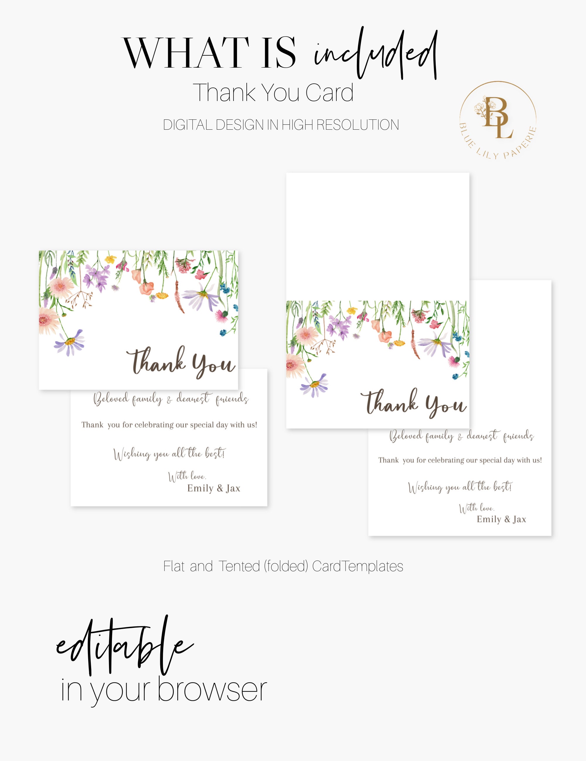 Wildflower Thank You Card Template, Printable Thank You Card ...
