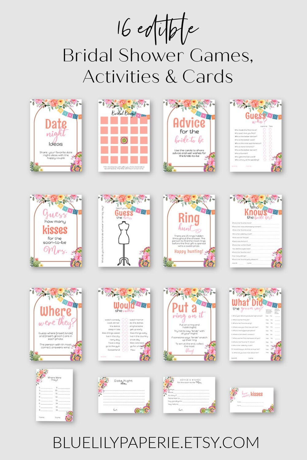 Fiesta Bridal Shower Game Bundle, Editable Bridal Shower Game Templates