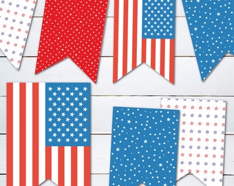 Vierter Juli Banner, 4th of Juli Banner, DIY druckbare Wimpelkette, Amerikanische Flagge, Sofort Download - Rot Weiß & Blau BBQ