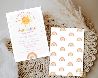 Sunshine Baby Shower Invitation | Rainbow Sun Baby Shower Invite | A Little Ray of Sunshine | Baby Girl | Editable Template | SUN-2