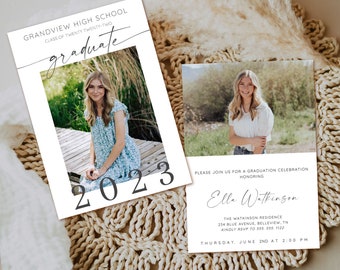 May include: A white graduation announcement with a photo of a woman in a blue floral dress. The announcement says "Grandview High School Class of Twenty Twenty-Two graduate 2023". The announcement also includes the text "Please join us for a graduation celebration honoring Ella Watkinson The Watkinson Residence 234 Blue Avenue, Belleview, TN Kindly RSVP to 555 555. 1122 Thursday, June 2nd at 2:00 PM"