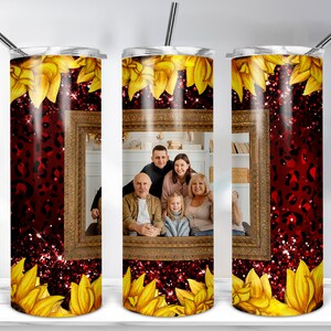 Design bicchiere cornice per foto girasole leopardo, modello bicchiere sottile da 20 once per sublimazione, cornice per bicchiere avvolgente PNG DOWNLOAD DIGITALE