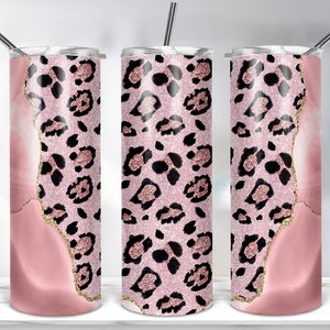 Pink Agate Leopard Print Glitter Tumbler Design, 20oz Skinny Tumbler ...