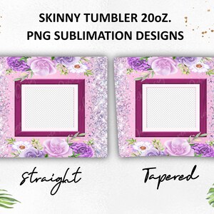 Pu&ograve; includere: Due design di sublimazione per bicchieri skinny, uno dritto e uno conico. Entrambi presentano uno sfondo rosa con un design floreale viola e bianco e una cornice bordeaux.