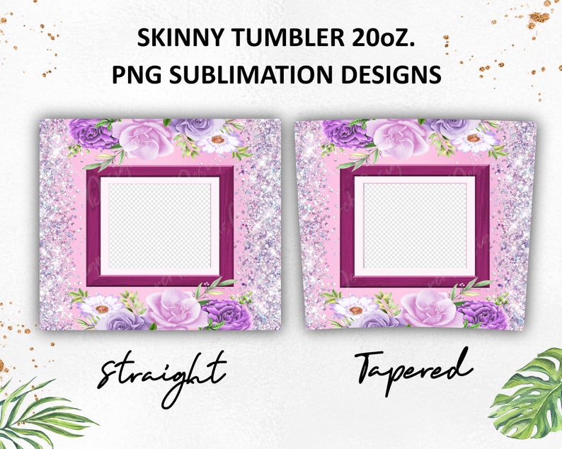 Pu&ograve; includere: Due design di sublimazione per bicchieri skinny, uno dritto e uno conico. Entrambi presentano uno sfondo rosa con un design floreale viola e bianco e una cornice bordeaux.