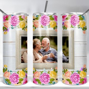Single Frame Floral, Wood Photo Frame Tumbler, 20oz Skinny Tumbler Template For Sublimation Picture Frames Tumbler Wrap PNG DOWNLOADS