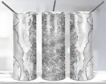 Diseño de sublimación de brillo plateado de ágata blanca, plantilla de vaso delgado de 20 oz para sublimación, envoltura de vaso veteado PNG Descarga digital