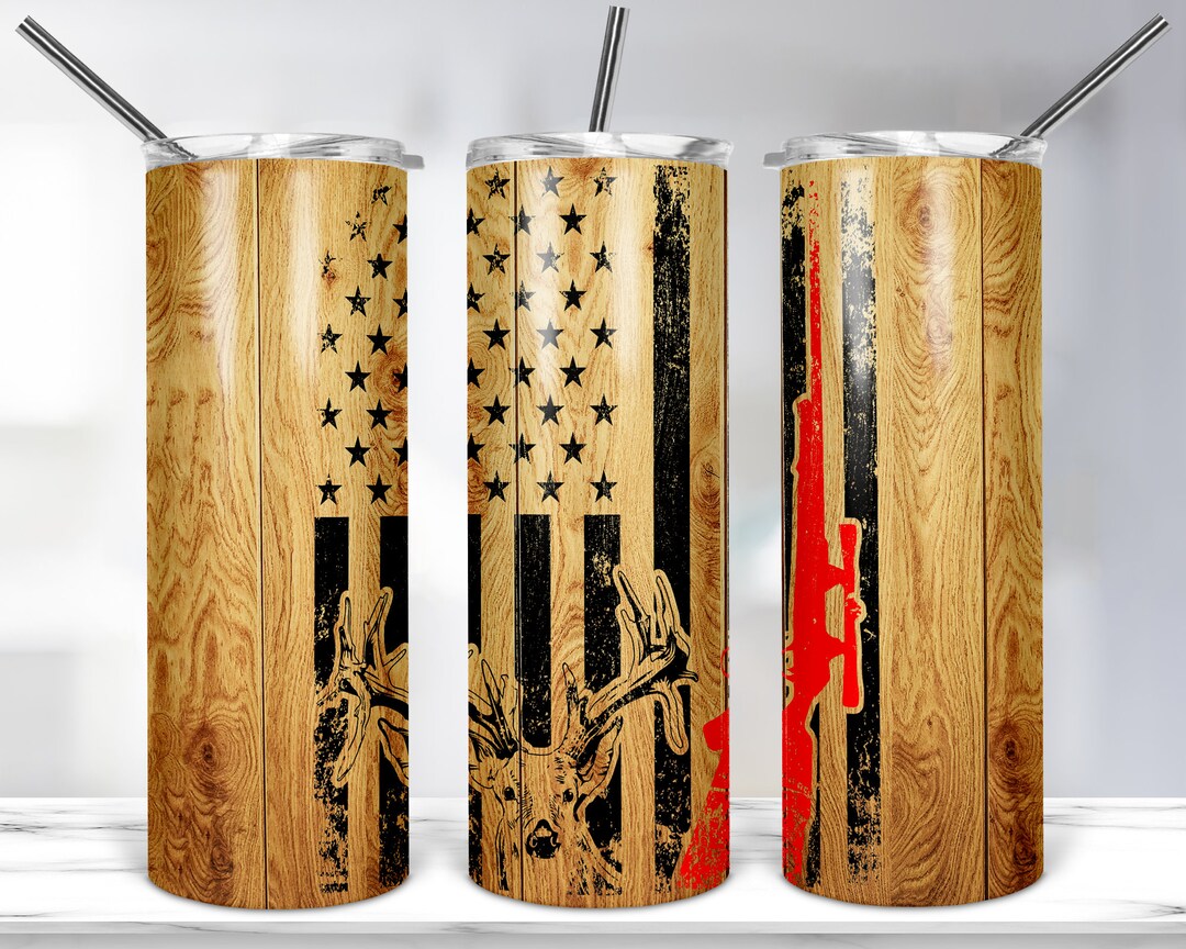 Wood Deer Hunting American Flag Tumbler Design, 20oz Skinny Tumbler ...