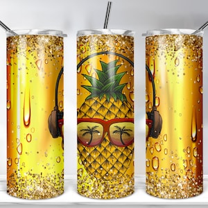 Pineapple Tumbler 20oz Skinny Tumbler Template for Sublimation, Glitter Pineapple Tumbler Wrap, Summer Tumbler PNG Digital Download