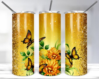 Butterfly Sunflower Floral Tumbler Designs, 20oz Skinny Tumbler Template For Sublimation, Butterfly Sunflower Tumbler Wrap DOWNLOADS PNG