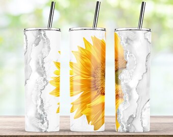 Vaso de girasol, vaso de mármol blanco, diseños de sublimación de vaso delgado de 20 oz para descarga digital de archivos PNG de vaso recto/cónico