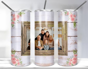 Design per bicchiere con foto floreale in legno a cornice singola, modello per bicchiere sottile da 20 once per sublimazione, cornice per bicchiere avvolgente PNG Download digitale