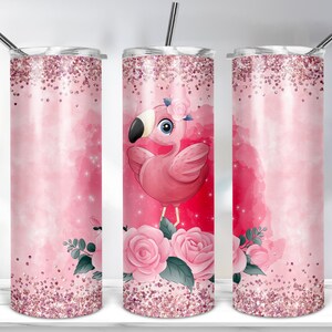 Flamingo Pink Glitter Flowers Tumbler Design, 20oz Skinny Tumbler Sublimation, Flamingo Glitter Tumbler Wrap - PNG DIGITAL DOWNLOAD