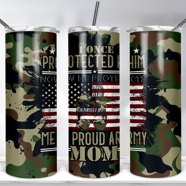 Patriotic Military Mom Camoflauge Camo Messy Bun I Protected Him Sublimation Design, 20 oz Skinny Tumbler Wrap Digital Download
