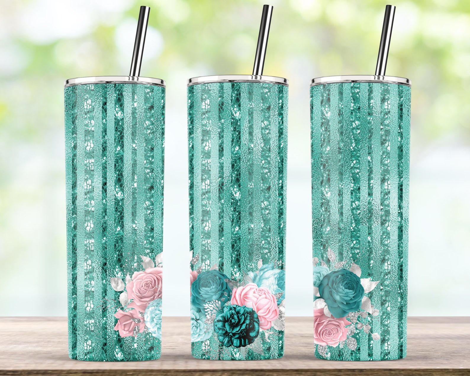 Floral Turquoise Teal Glitter Tumbler Wrap 20 oz Skinny Etsy
