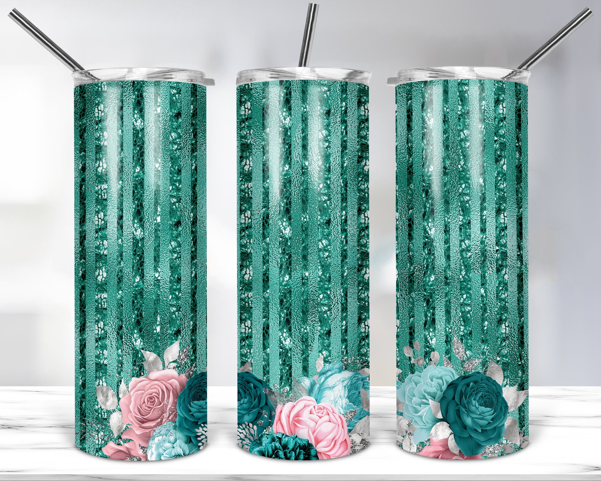 Floral Turquoise Glitter Tumbler Design 20oz Skinny Tumbler Etsy