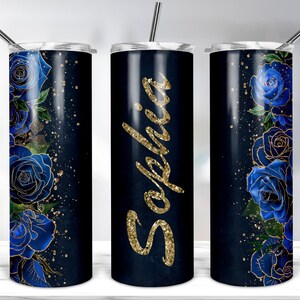 Royal Blue Roses Tumbler Design, 20oz Skinny Tumbler Template For Sublimation, Glitter Rose Gold Tumbler Wrap PNG DOWNLOADS - Add Your Name