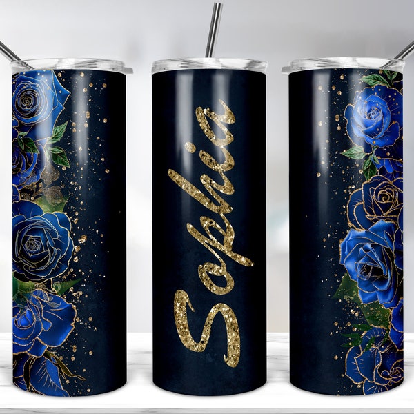 Royal Blue Roses Tumbler Design, 20oz Skinny Tumbler Template For Sublimation, Glitter Rose Gold Tumbler Wrap PNG DOWNLOADS - Add Your Name