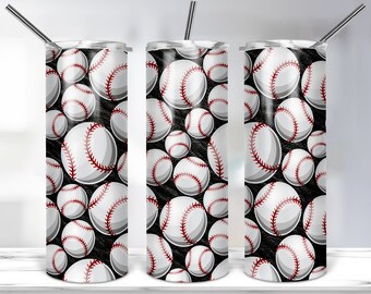 May include: Three stainless steel tumblers with a black and white baseball pattern. The tumblers have lids and straws.