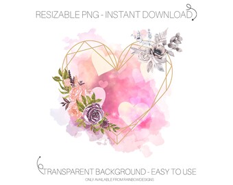 Gold Heart Clipart | Rose PNG | Watercolor Splashes | Heart Outline