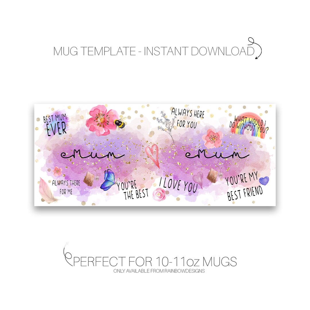 MUM Full Mug Wrap Mother's Day UK Watercolour 1011oz Template Etsy UK