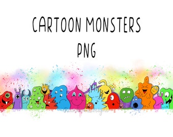 Watercolour Cartoon Monsters | Rainbow Sublimation PNG | Hand Drawn Instant Download | Halloween Clipart