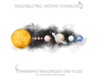 May include: Watercolor illustration of the solar system with a yellow sun, orange, blue, and white planets, and a black background with white stars.
